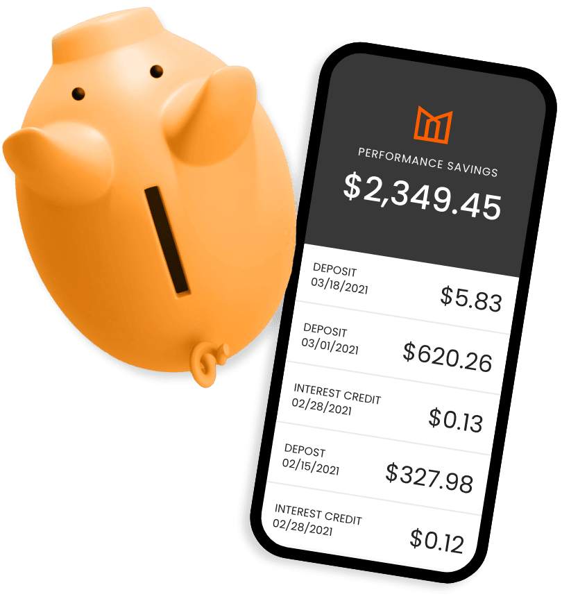 Piggy bank next to screenshot of MidFirst Bank mobile app